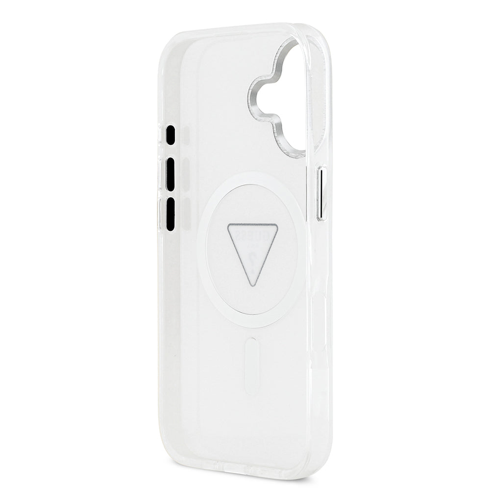 Apple iPhone 17 Kılıf Guess Orjinal Lisanslı M-safe Şarj Özellikli IML Baskılı Üçgen Logolu Metal Kamera Çerçeveli Kapak Şeffaf