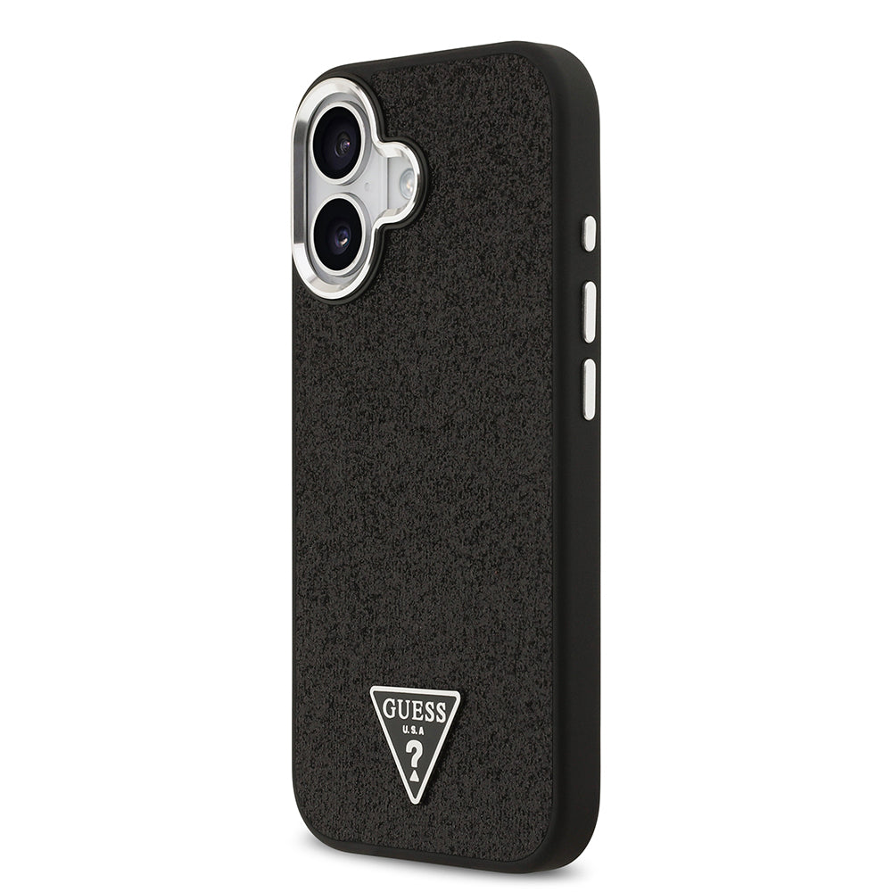 Apple iPhone 17 Kılıf Guess Orjinal Lisanslı M-safe Şarj Özellikli Metal Kamera Çerçeveli Üçgen Logolu Glitter Kapak Gri