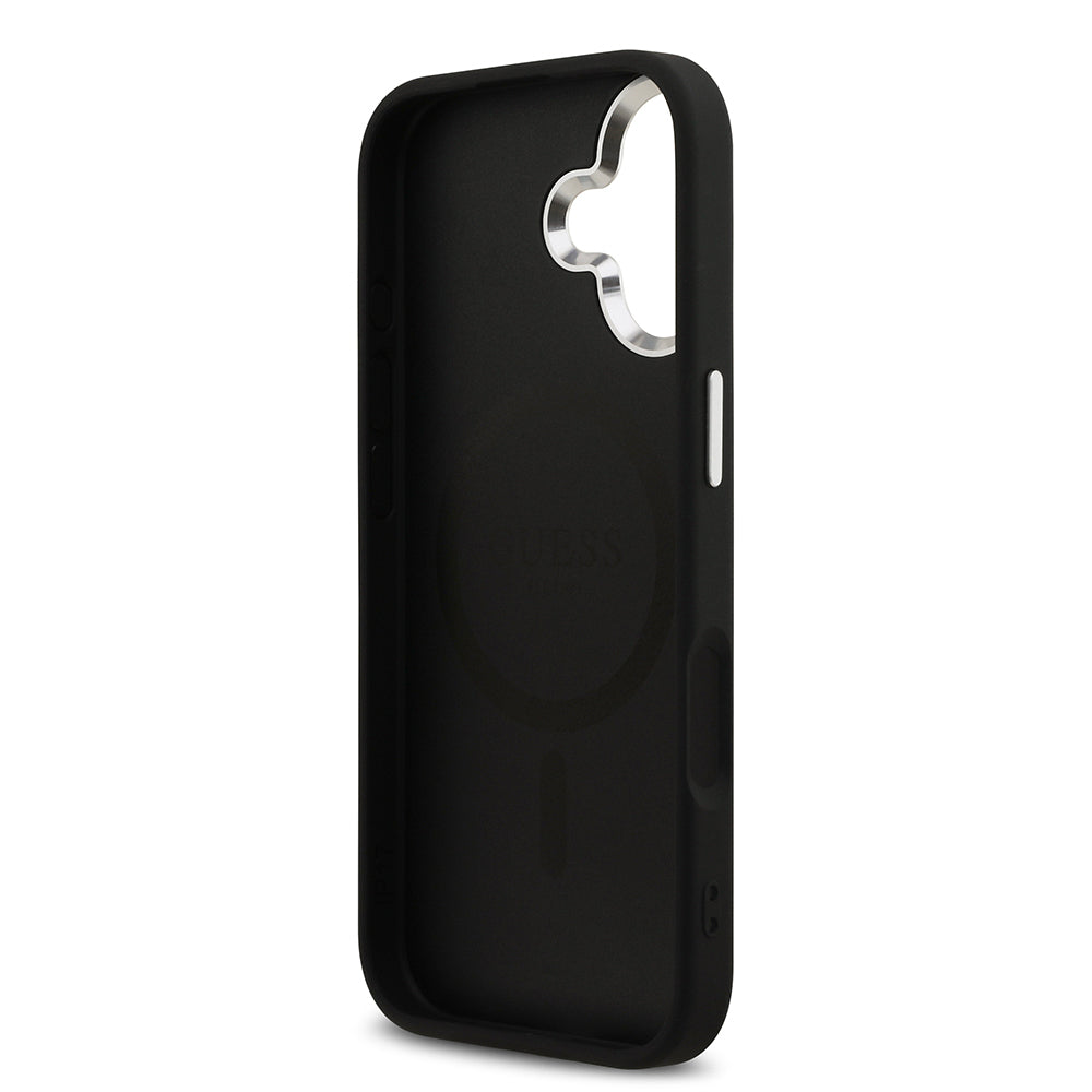 Apple iPhone 17 Kılıf Guess Orjinal Lisanslı M-safe Şarj Özellikli Metal Kamera Çerçeveli Üçgen Logolu Glitter Kapak Siyah