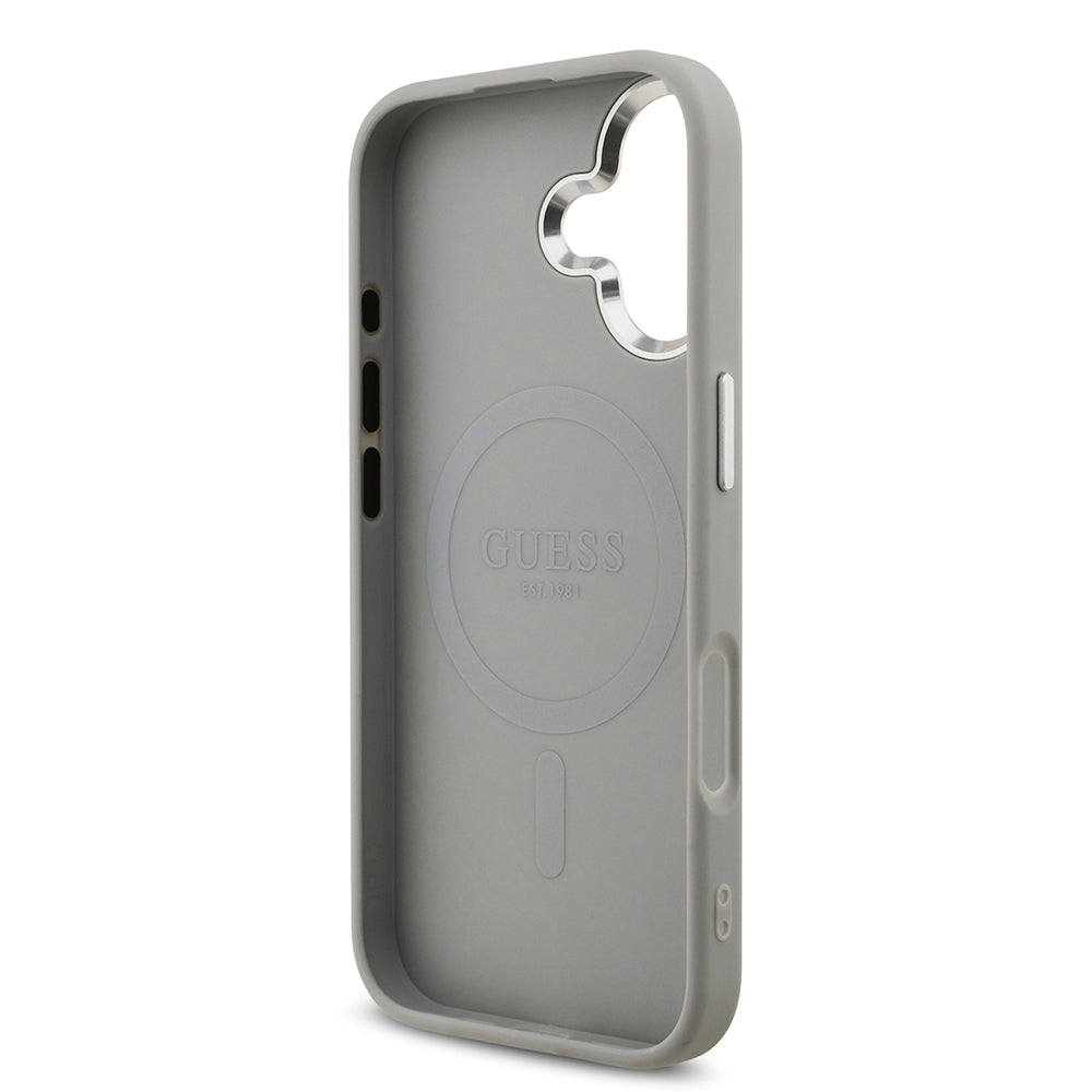 Apple iPhone 17 Kılıf Guess Orjinal Lisanslı M-safe Şarj Özellikli Metal Kamera Çerçeveli Üçgen Logolu Glitter Kapak Gri