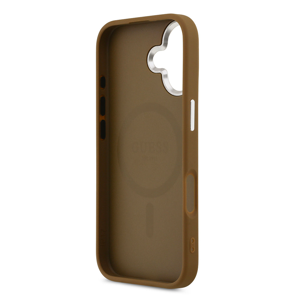 Apple iPhone 17 Kılıf Guess Orjinal Lisanslı M-safe Şarj Özellikli PU Deri Metal Kamera Çerçeveli Üçgen Logolu Kapak  Kahverengi