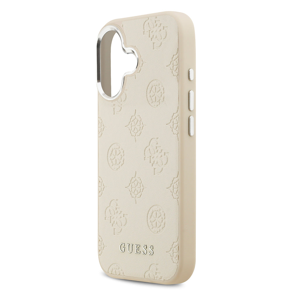 Apple iPhone 17 Kılıf Guess Orjinal Lisanslı M-safe Şarj Özellikli Sıcak Baskılı Klasik Yazı Logolu PU Deri Peony Kapak Bej