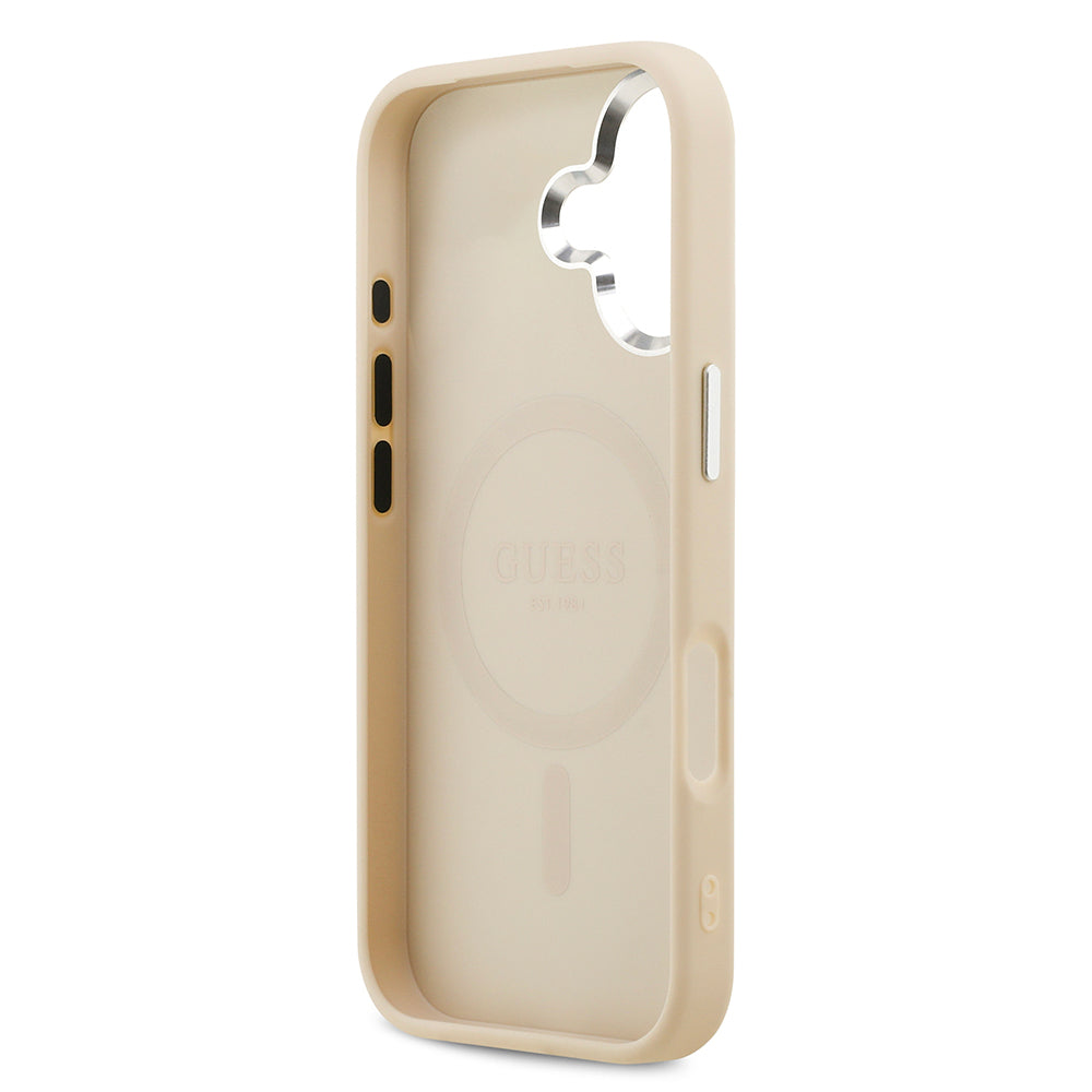 Apple iPhone 17 Kılıf Guess Orjinal Lisanslı M-safe Şarj Özellikli Sıcak Baskılı Klasik Yazı Logolu PU Deri Peony Kapak Bej