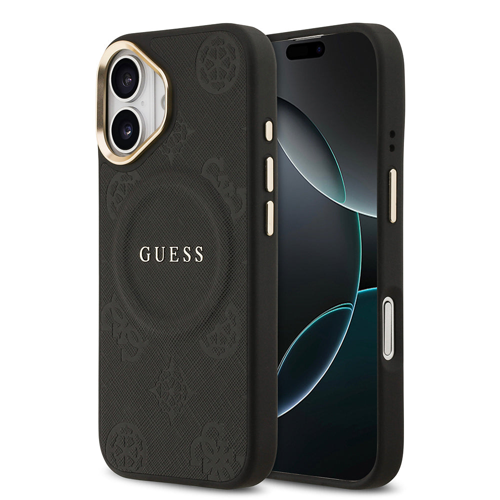Apple iPhone 17 Kılıf Guess Orjinal Lisanslı M-safe Şarj Özellikli Sıcak Baskılı Yazı Logolu PU Deri Peony Kapak Pembe