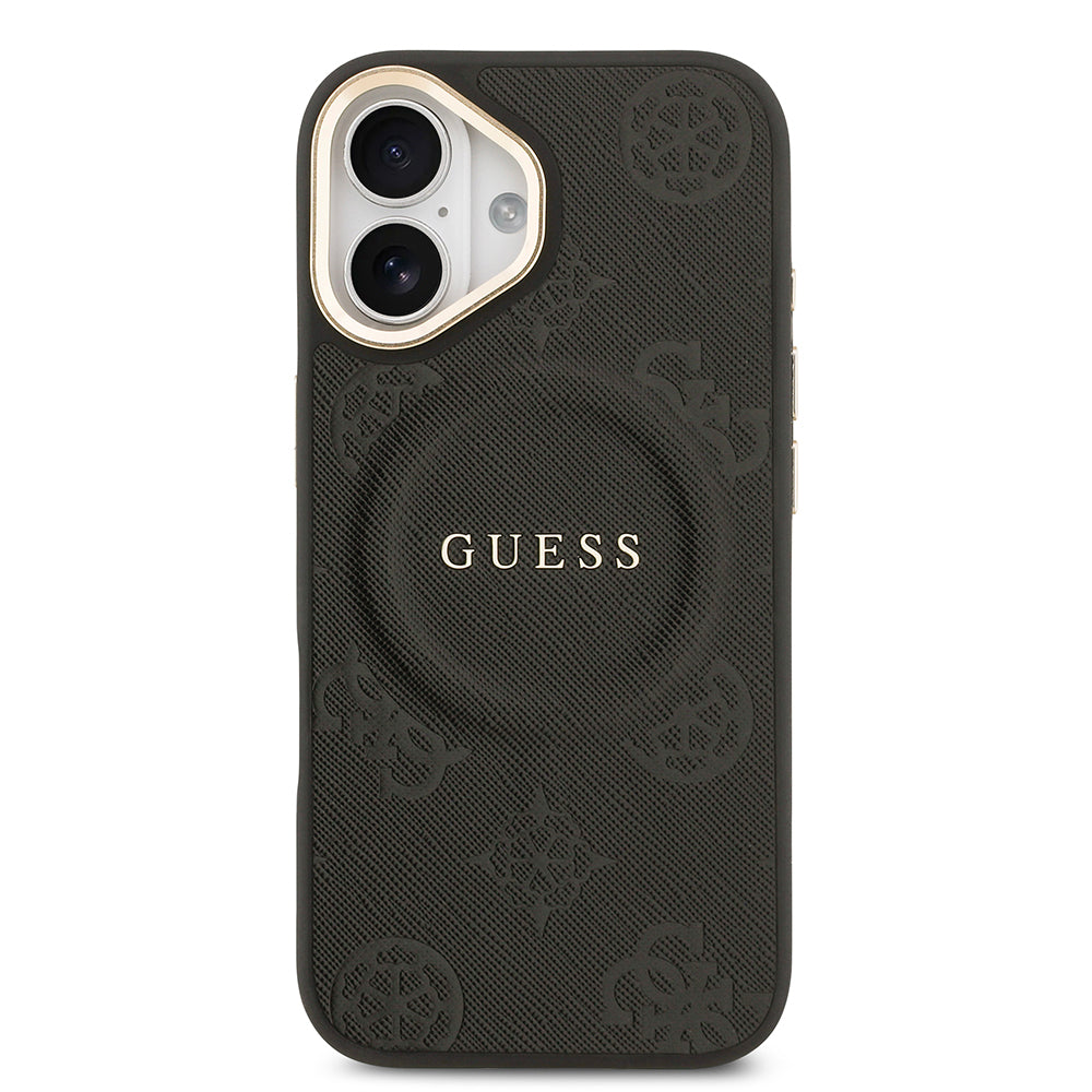 Apple iPhone 17 Kılıf Guess Orjinal Lisanslı M-safe Şarj Özellikli Sıcak Baskılı Yazı Logolu PU Deri Peony Kapak Kahverengi