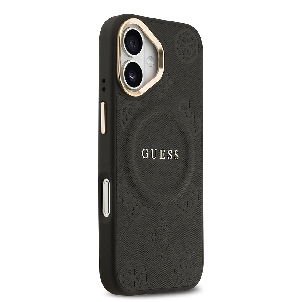 Apple iPhone 17 Kılıf Guess Orjinal Lisanslı M-safe Şarj Özellikli Sıcak Baskılı Yazı Logolu PU Deri Peony Kapak Kahverengi