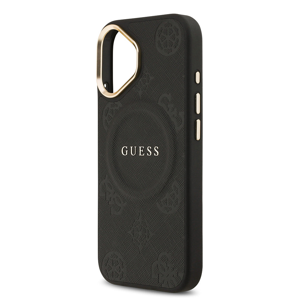 Apple iPhone 17 Kılıf Guess Orjinal Lisanslı M-safe Şarj Özellikli Sıcak Baskılı Yazı Logolu PU Deri Peony Kapak Kahverengi