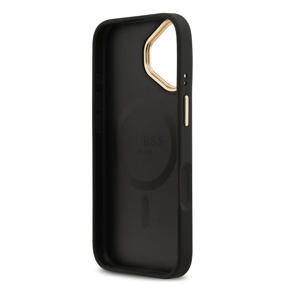 Apple iPhone 17 Kılıf Guess Orjinal Lisanslı M-safe Şarj Özellikli Sıcak Baskılı Yazı Logolu PU Deri Peony Kapak Pembe