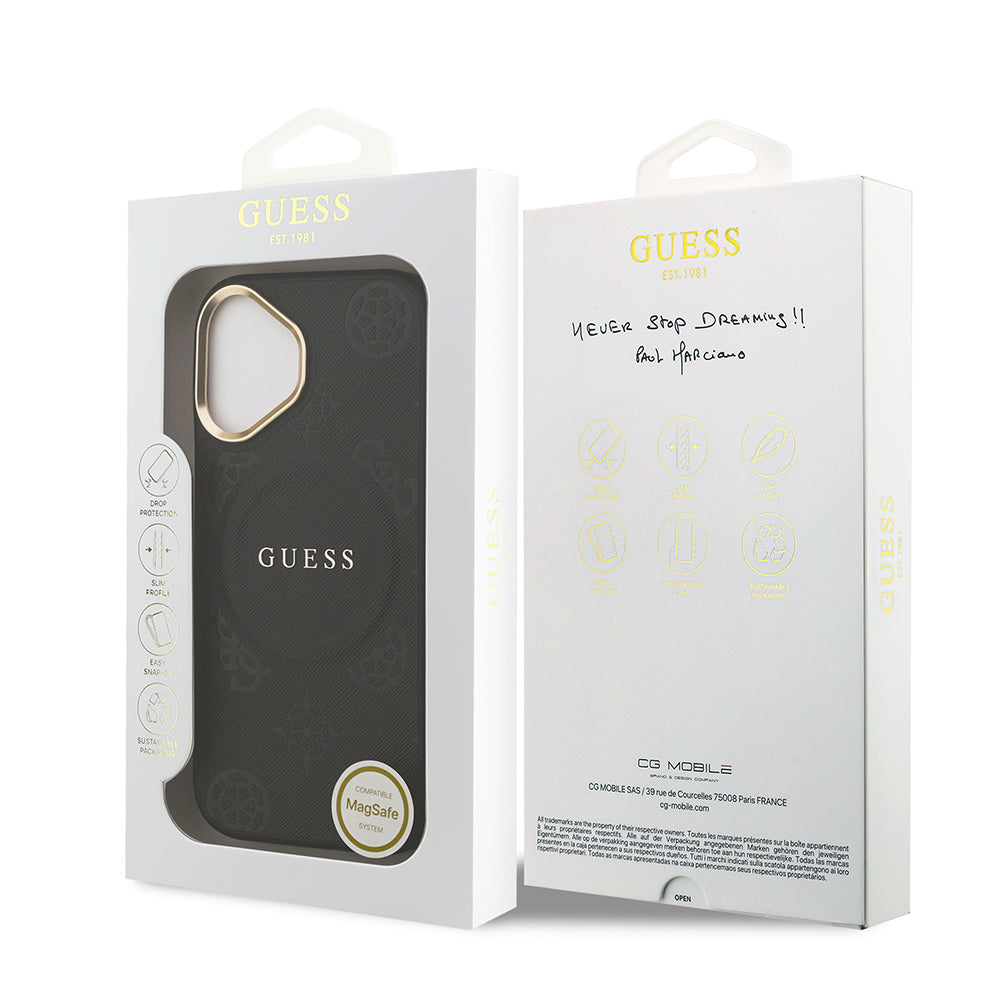 Apple iPhone 17 Kılıf Guess Orjinal Lisanslı M-safe Şarj Özellikli Sıcak Baskılı Yazı Logolu PU Deri Peony Kapak Kahverengi