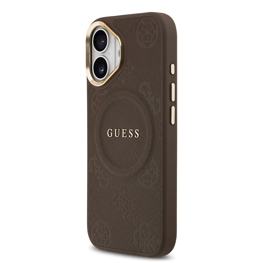 Apple iPhone 17 Kılıf Guess Orjinal Lisanslı M-safe Şarj Özellikli Sıcak Baskılı Yazı Logolu PU Deri Peony Kapak Pembe