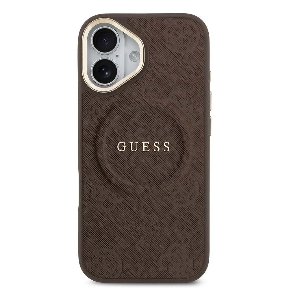 Apple iPhone 17 Kılıf Guess Orjinal Lisanslı M-safe Şarj Özellikli Sıcak Baskılı Yazı Logolu PU Deri Peony Kapak Siyah