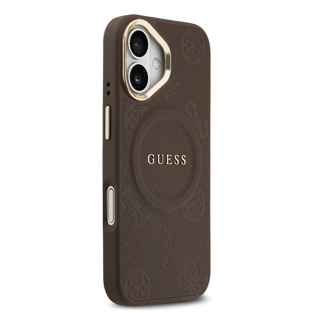 Apple iPhone 17 Kılıf Guess Orjinal Lisanslı M-safe Şarj Özellikli Sıcak Baskılı Yazı Logolu PU Deri Peony Kapak Siyah