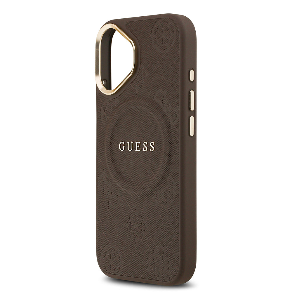 Apple iPhone 17 Kılıf Guess Orjinal Lisanslı M-safe Şarj Özellikli Sıcak Baskılı Yazı Logolu PU Deri Peony Kapak Siyah