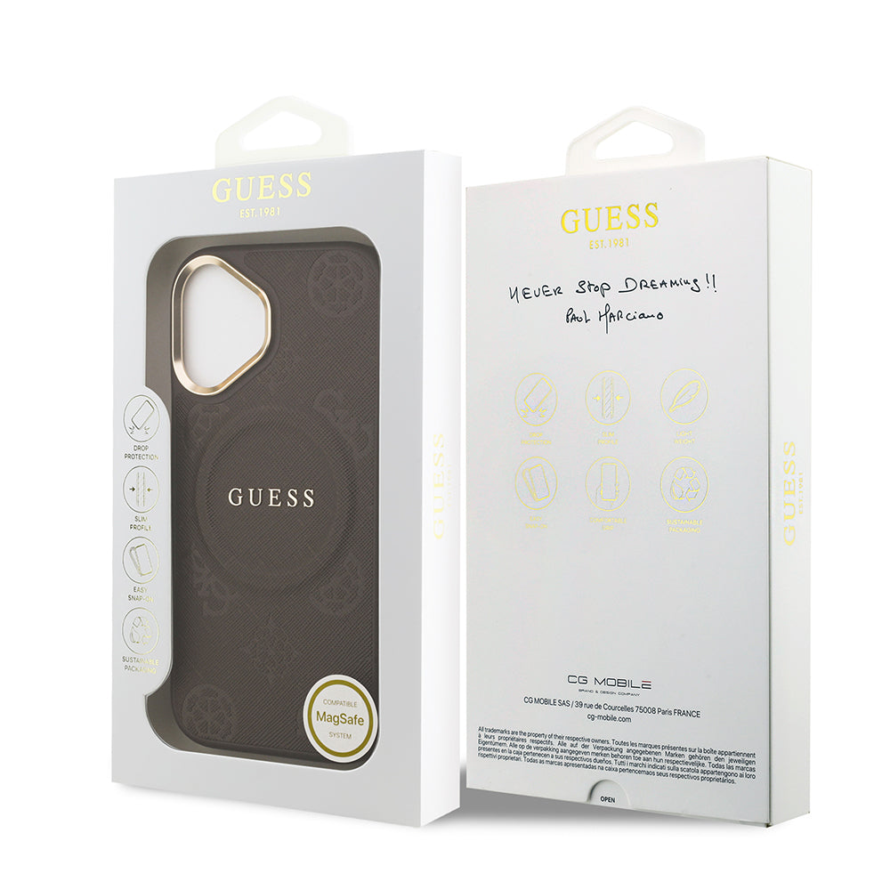 Apple iPhone 17 Kılıf Guess Orjinal Lisanslı M-safe Şarj Özellikli Sıcak Baskılı Yazı Logolu PU Deri Peony Kapak Pembe