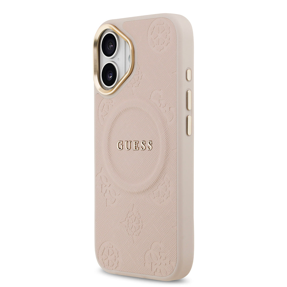 Apple iPhone 17 Kılıf Guess Orjinal Lisanslı M-safe Şarj Özellikli Sıcak Baskılı Yazı Logolu PU Deri Peony Kapak Kahverengi