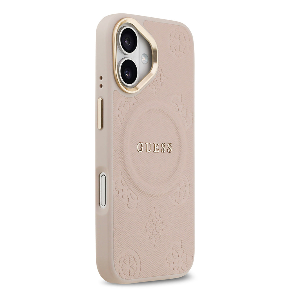 Apple iPhone 17 Kılıf Guess Orjinal Lisanslı M-safe Şarj Özellikli Sıcak Baskılı Yazı Logolu PU Deri Peony Kapak Kahverengi
