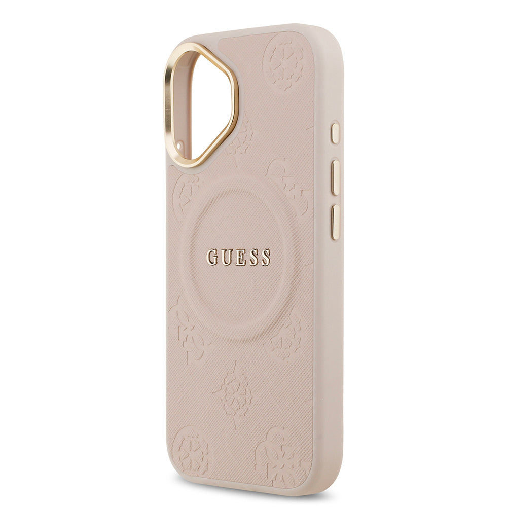 Apple iPhone 17 Kılıf Guess Orjinal Lisanslı M-safe Şarj Özellikli Sıcak Baskılı Yazı Logolu PU Deri Peony Kapak Kahverengi
