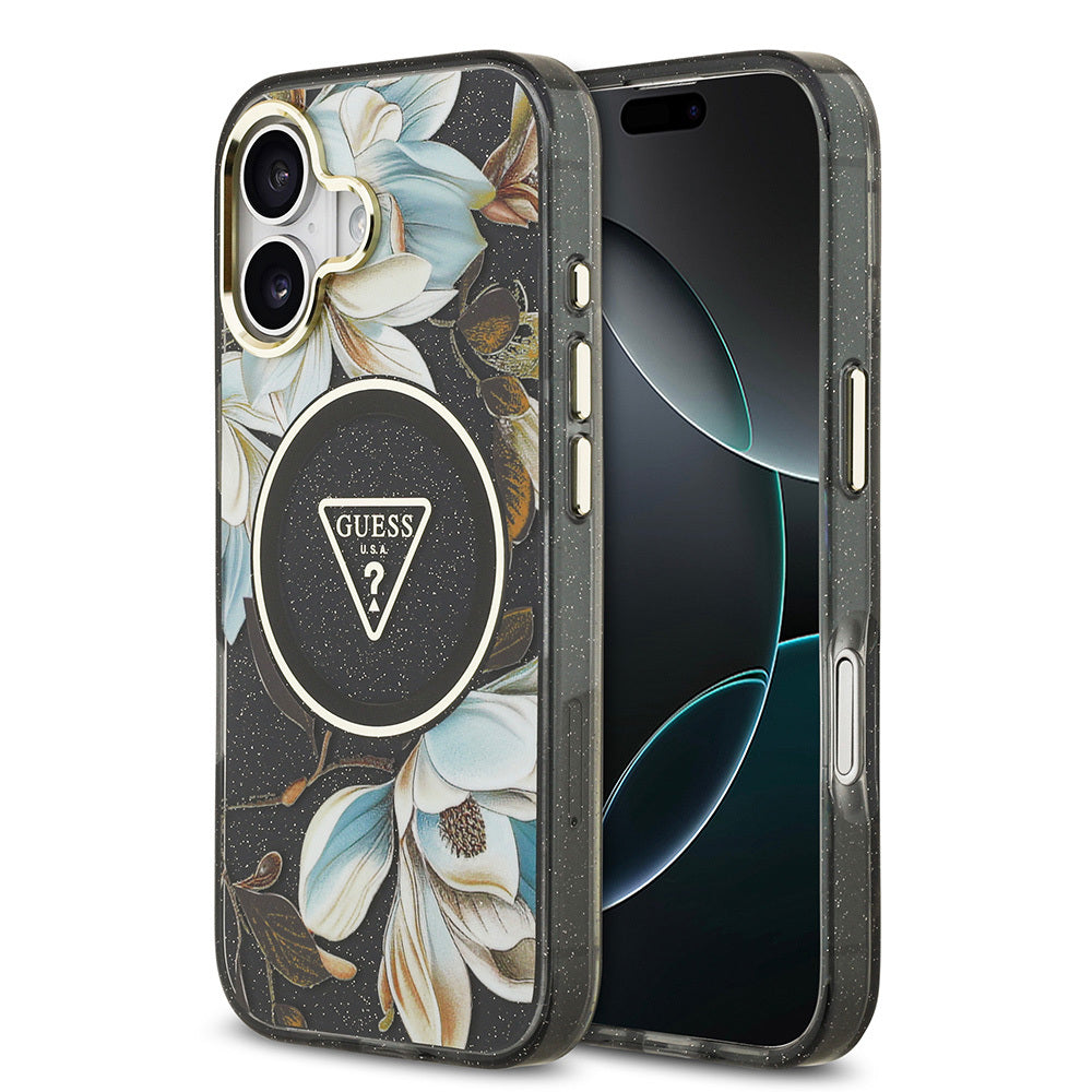 Apple iPhone 17 Kılıf Guess Orjinal Lisanslı M-safe Şarj Özellikli Simli Çiçek Desenli Metal Kamera Çerçeveli Üçgen Logolu Kapak Mor