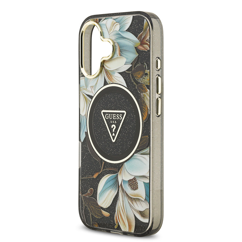 Apple iPhone 17 Kılıf Guess Orjinal Lisanslı M-safe Şarj Özellikli Simli Çiçek Desenli Metal Kamera Çerçeveli Üçgen Logolu Kapak Mor