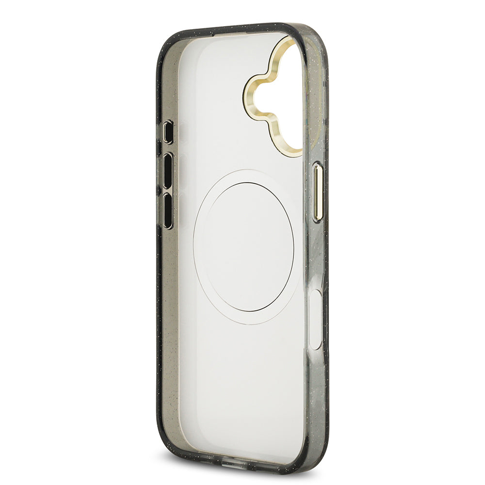 Apple iPhone 17 Kılıf Guess Orjinal Lisanslı M-safe Şarj Özellikli Simli Çiçek Desenli Metal Kamera Çerçeveli Üçgen Logolu Kapak Beyaz