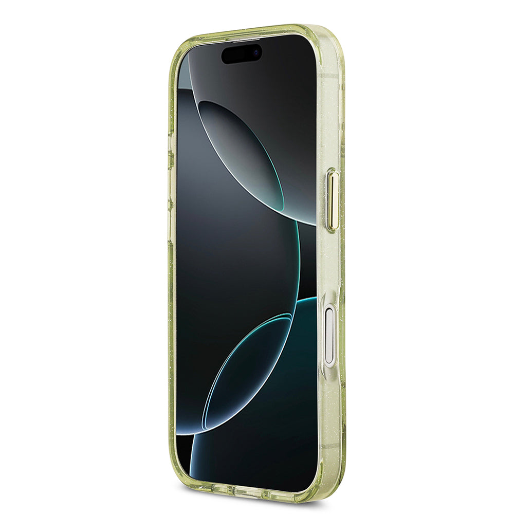 Apple iPhone 17 Kılıf Guess Orjinal Lisanslı M-safe Şarj Özellikli Simli Çiçek Desenli Metal Kamera Çerçeveli Üçgen Logolu Kapak Beyaz