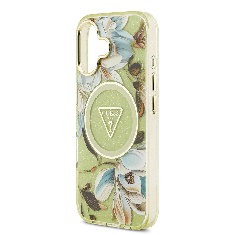 Apple iPhone 17 Kılıf Guess Orjinal Lisanslı M-safe Şarj Özellikli Simli Çiçek Desenli Metal Kamera Çerçeveli Üçgen Logolu Kapak Yeşil