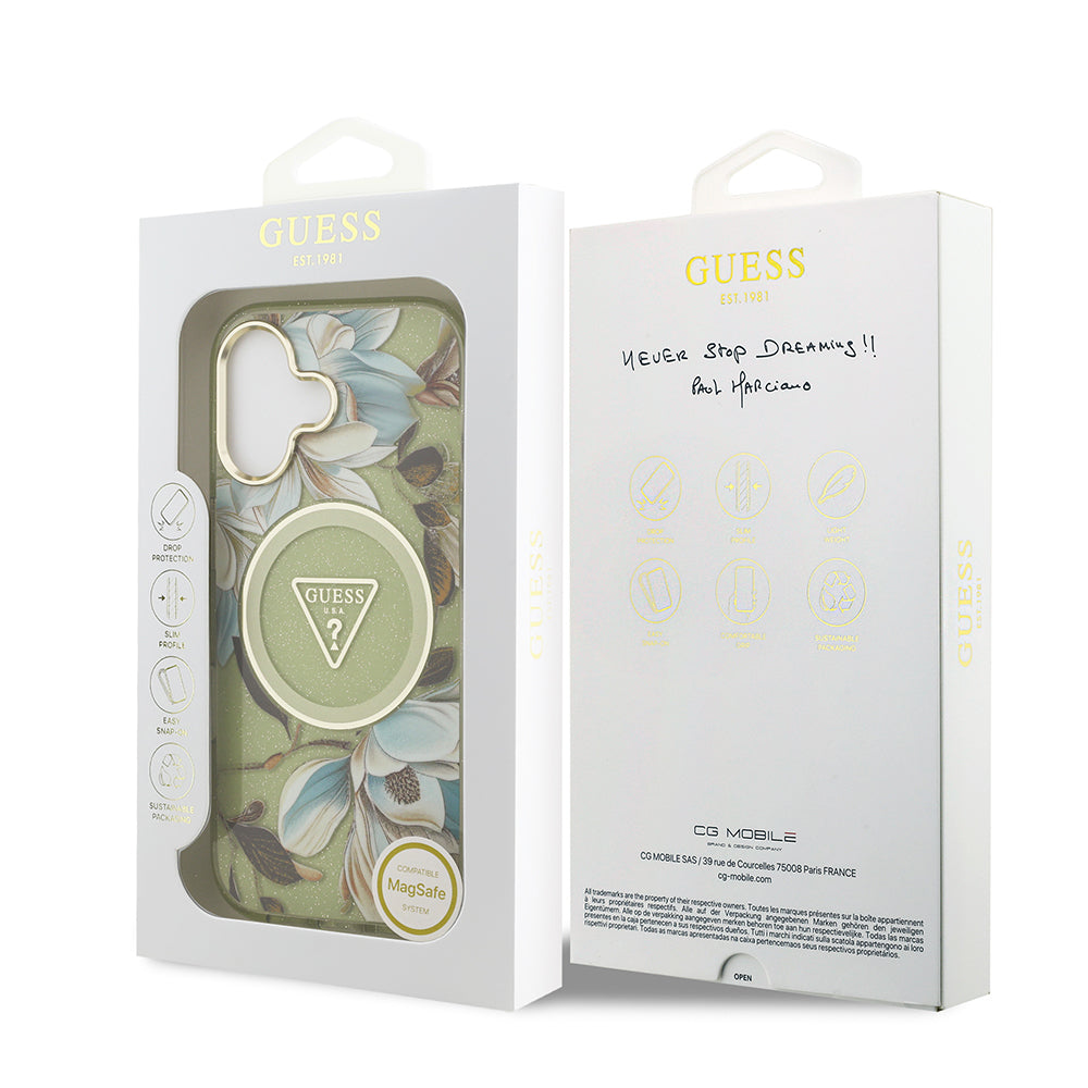 Apple iPhone 17 Kılıf Guess Orjinal Lisanslı M-safe Şarj Özellikli Simli Çiçek Desenli Metal Kamera Çerçeveli Üçgen Logolu Kapak Beyaz