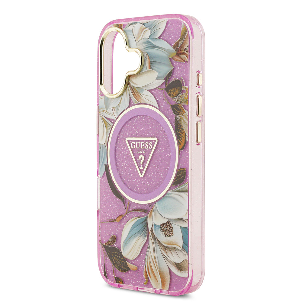 Apple iPhone 17 Kılıf Guess Orjinal Lisanslı M-safe Şarj Özellikli Simli Çiçek Desenli Metal Kamera Çerçeveli Üçgen Logolu Kapak Yeşil