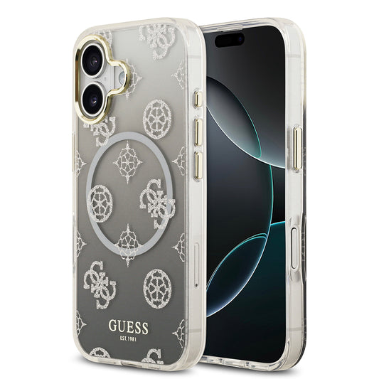 Apple iPhone 17 Kılıf Guess Orjinal Lisanslı M-safe Şarj Özellikli Simli Peony Desenli Silikon Kapak Pembe