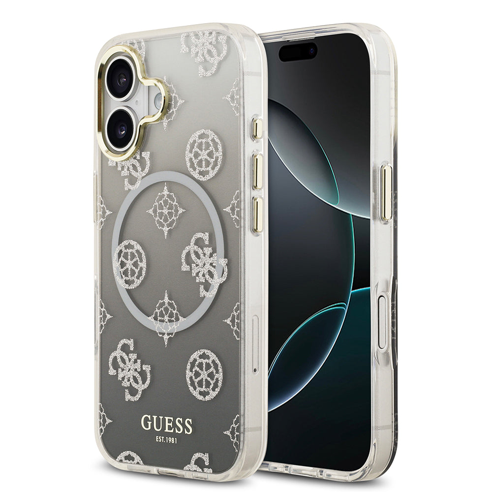 Apple iPhone 17 Kılıf Guess Orjinal Lisanslı M-safe Şarj Özellikli Simli Peony Desenli Silikon Kapak Siyah