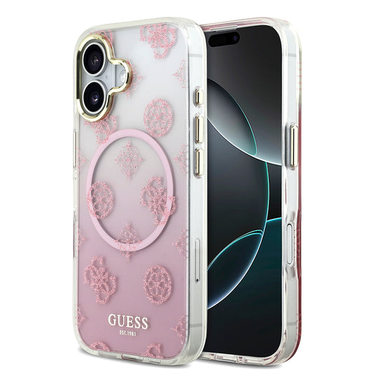 Apple iPhone 17 Kılıf Guess Orjinal Lisanslı M-safe Şarj Özellikli Simli Peony Desenli Silikon Kapak Pembe