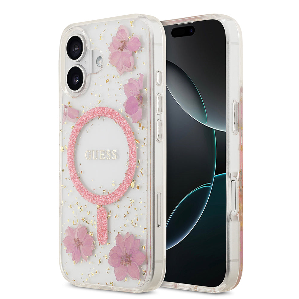 Apple iPhone 17 Kılıf Guess Orjinal Lisanslı M-safe Şarj Özellikli Transparan Resin Flowers Kapak Mor