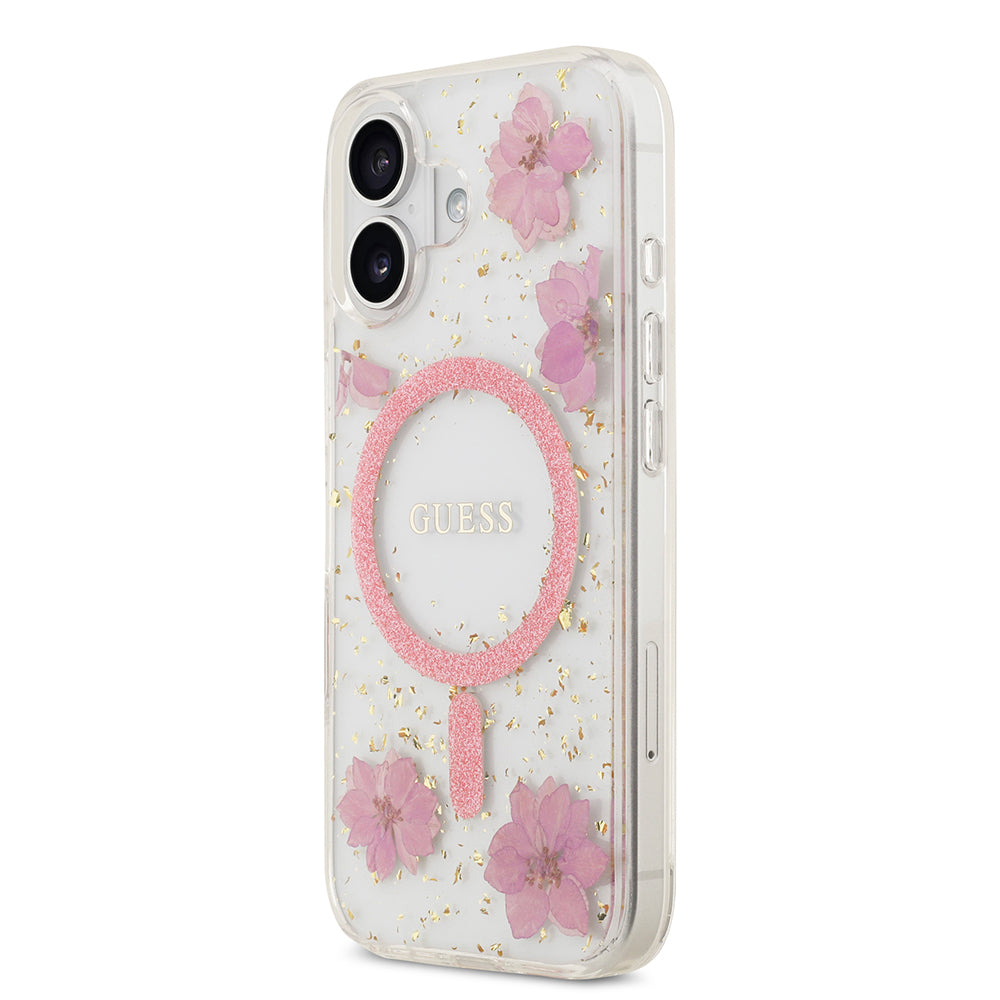 Apple iPhone 17 Kılıf Guess Orjinal Lisanslı M-safe Şarj Özellikli Transparan Resin Flowers Kapak Mor