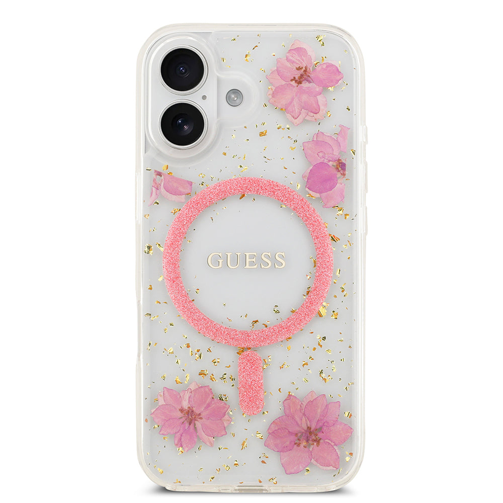 Apple iPhone 17 Kılıf Guess Orjinal Lisanslı M-safe Şarj Özellikli Transparan Resin Flowers Kapak Mor