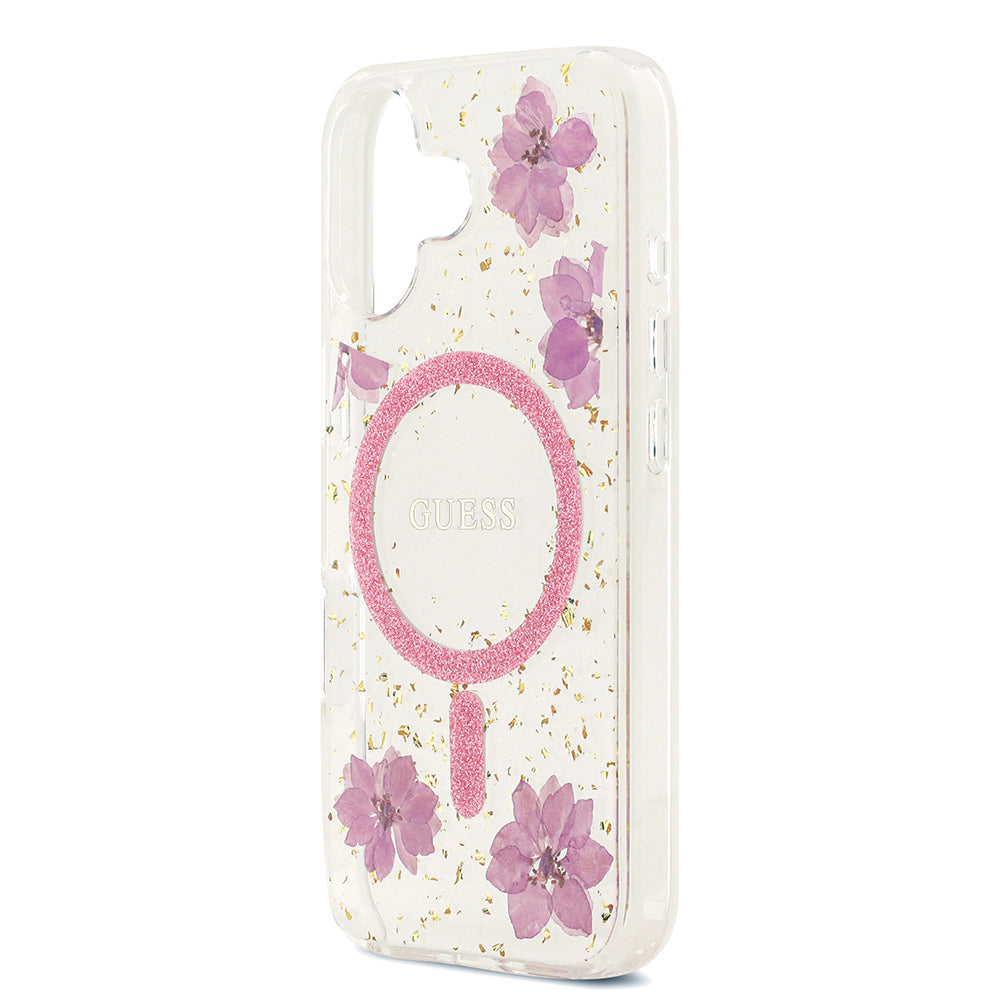 Apple iPhone 17 Kılıf Guess Orjinal Lisanslı M-safe Şarj Özellikli Transparan Resin Flowers Kapak Pembe