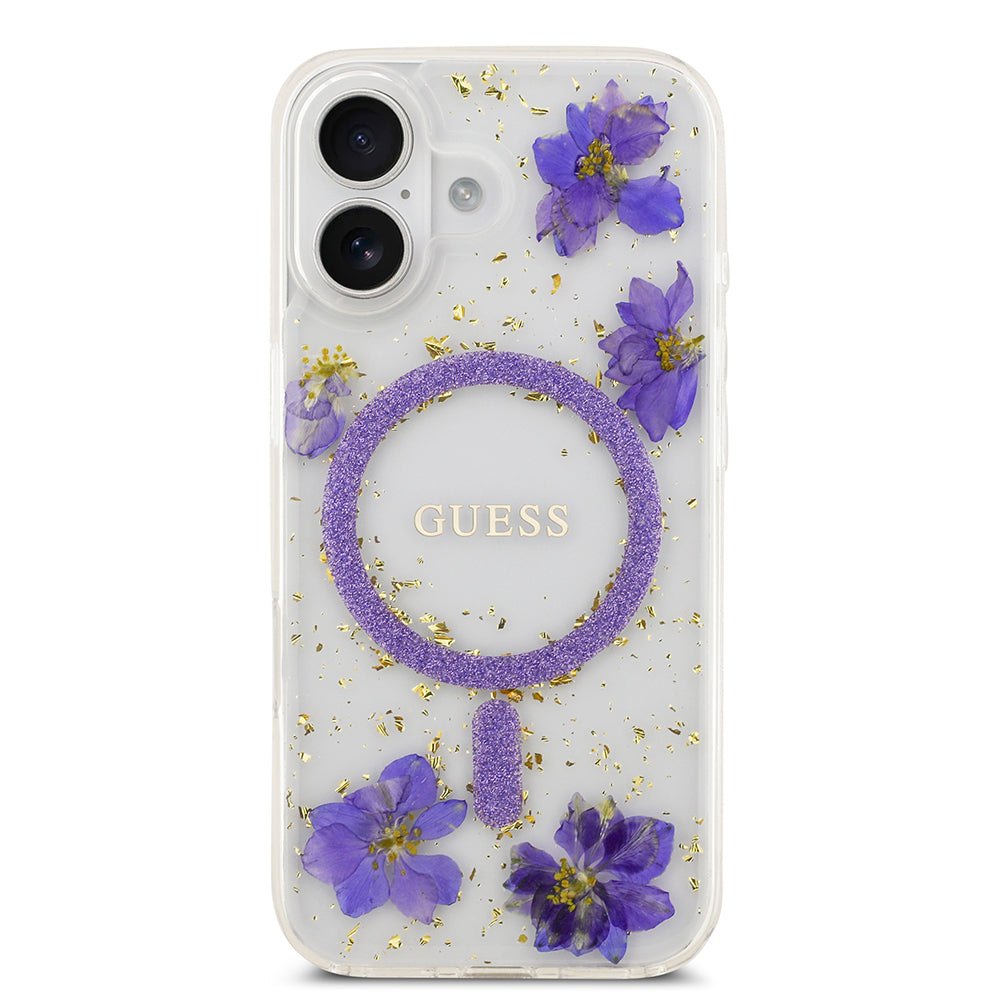 Apple iPhone 17 Kılıf Guess Orjinal Lisanslı M-safe Şarj Özellikli Transparan Resin Flowers Kapak Pembe