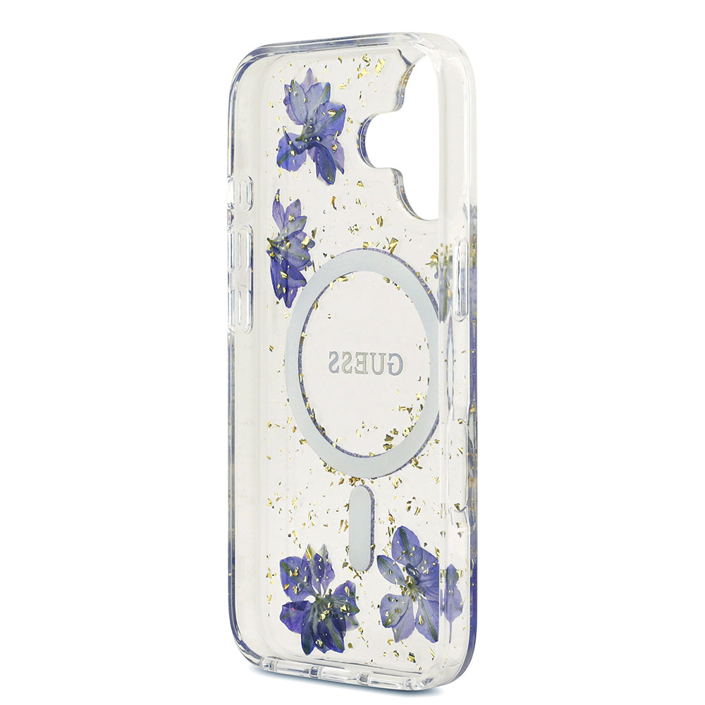 Apple iPhone 17 Kılıf Guess Orjinal Lisanslı M-safe Şarj Özellikli Transparan Resin Flowers Kapak Mor