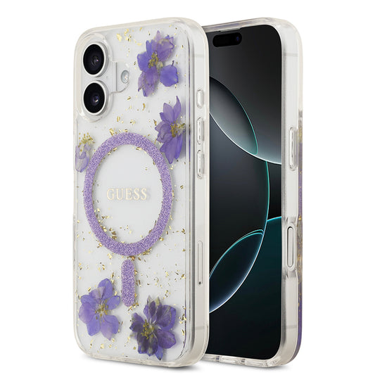 Apple iPhone 17 Kılıf Guess Orjinal Lisanslı M-safe Şarj Özellikli Transparan Resin Flowers Kapak Mor