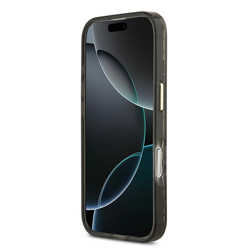 Apple iPhone 17 Kılıf Guess Orjinal Lisanslı M-safe Şarj Özellikli Üçgen Logolu Simli Leopar Desenli Kapak Kahverengi