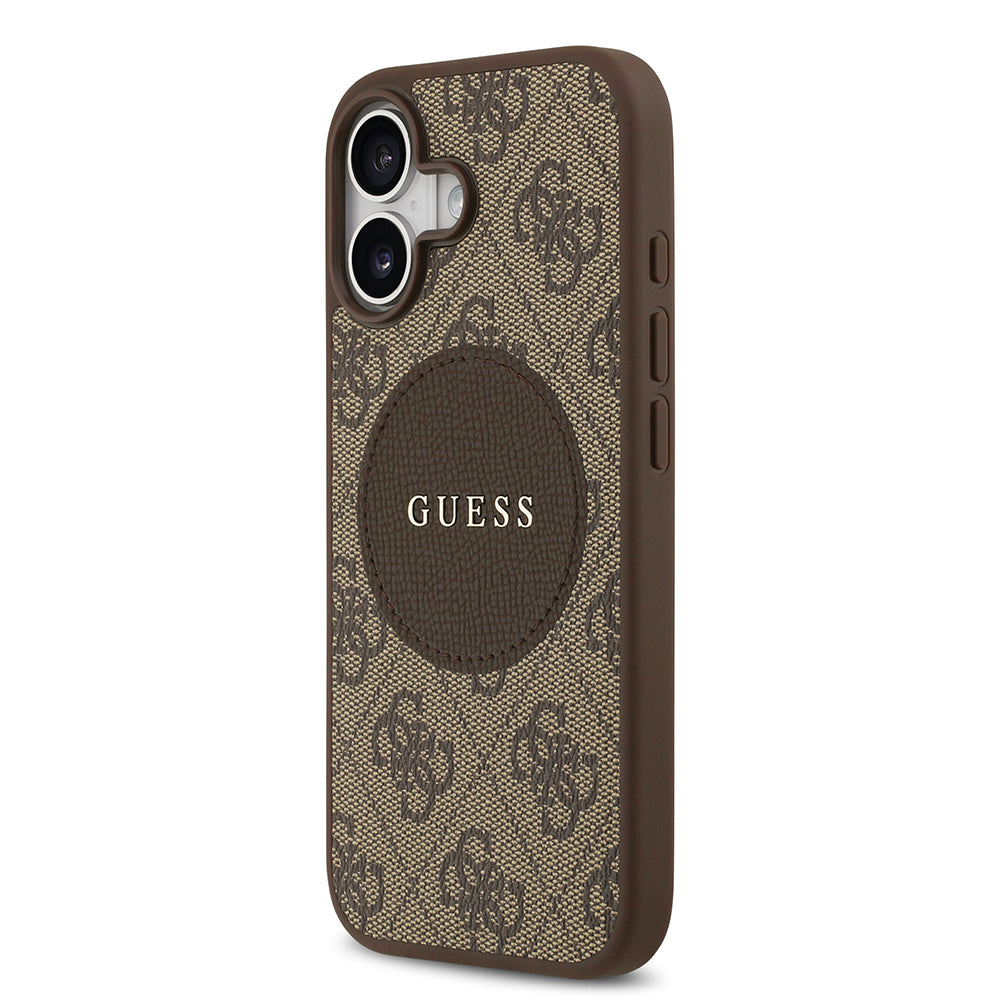 Apple iPhone 17 Kılıf Guess Orjinal Lisanslı M-safe Şarj Özellikli Yazı Logolu Circle Classic Kapak Kahverengi
