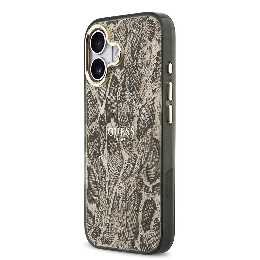Apple iPhone 17 Kılıf Guess Orjinal Lisanslı M-safe Şarj Özellikli Yazı Logolu Python Desenli Kapak Siyah