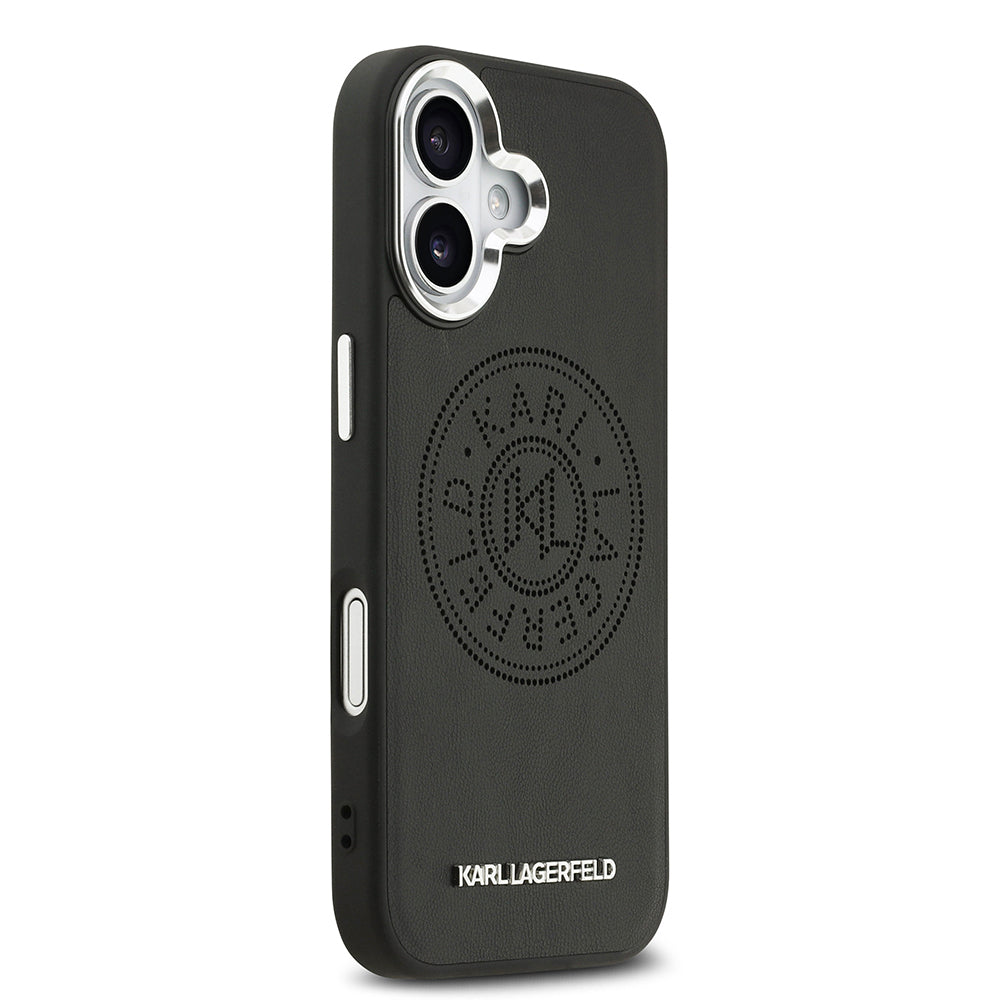 Apple iPhone 17 Kılıf Karl Lagerfeld Orjinal Lisanslı M-safe Şarj Özellikli Delikli Tasarım Metal Logolu PU Deri Kapak Siyah