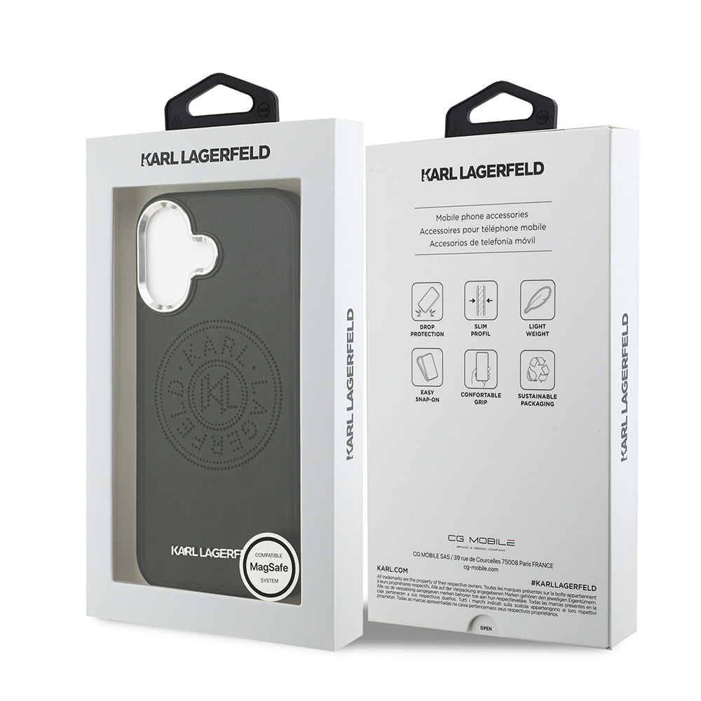 Apple iPhone 17 Kılıf Karl Lagerfeld Orjinal Lisanslı M-safe Şarj Özellikli Delikli Tasarım Metal Logolu PU Deri Kapak Siyah