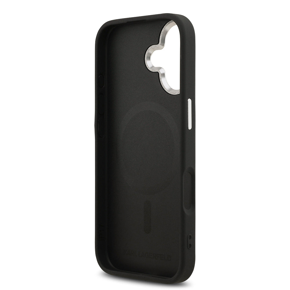 Apple iPhone 17 Kılıf Karl Lagerfeld Orjinal Lisanslı M-safe Şarj Özellikli Metal Kamera ve Buton Tasarımlı Choupette PU Deri Kapak Siyah