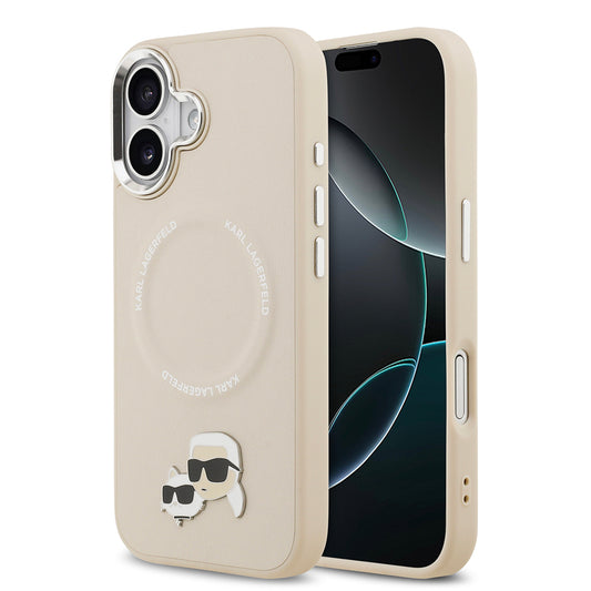 Apple iPhone 17 Kılıf Karl Lagerfeld Orjinal Lisanslı M-safe Şarj Özellikli Metal Kamera ve Buton Tasarımlı K&C PU Deri Kapak Bej