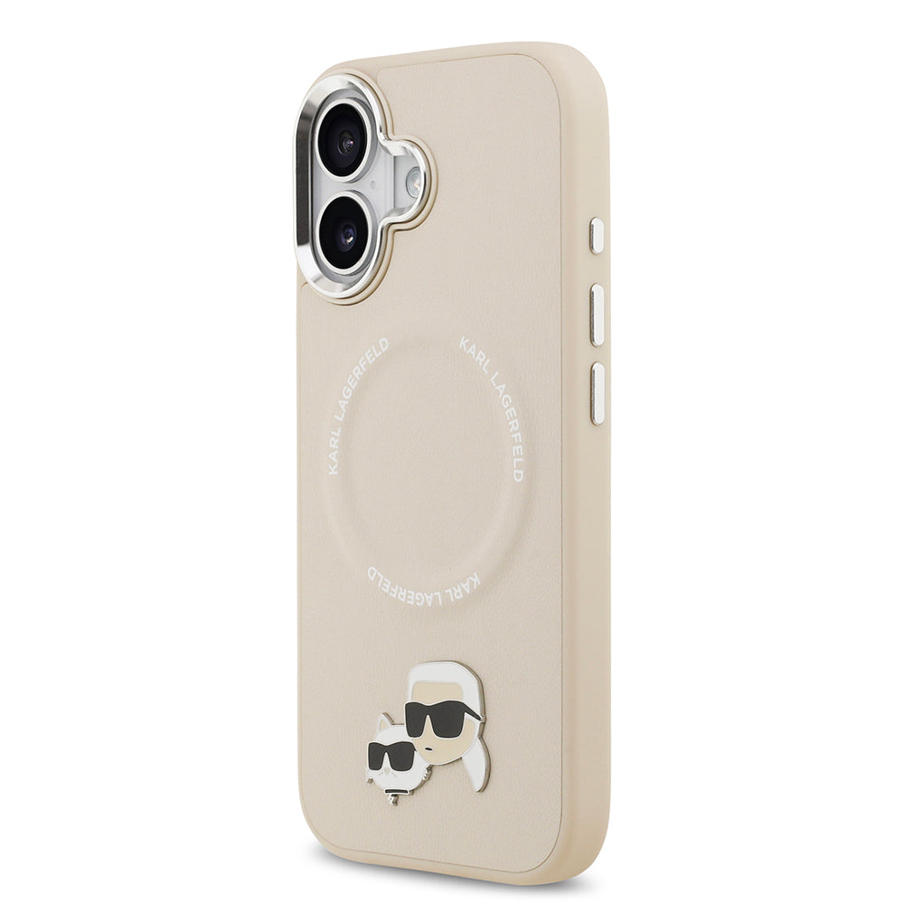 Apple iPhone 17 Kılıf Karl Lagerfeld Orjinal Lisanslı M-safe Şarj Özellikli Metal Kamera ve Buton Tasarımlı K&C PU Deri Kapak Bej