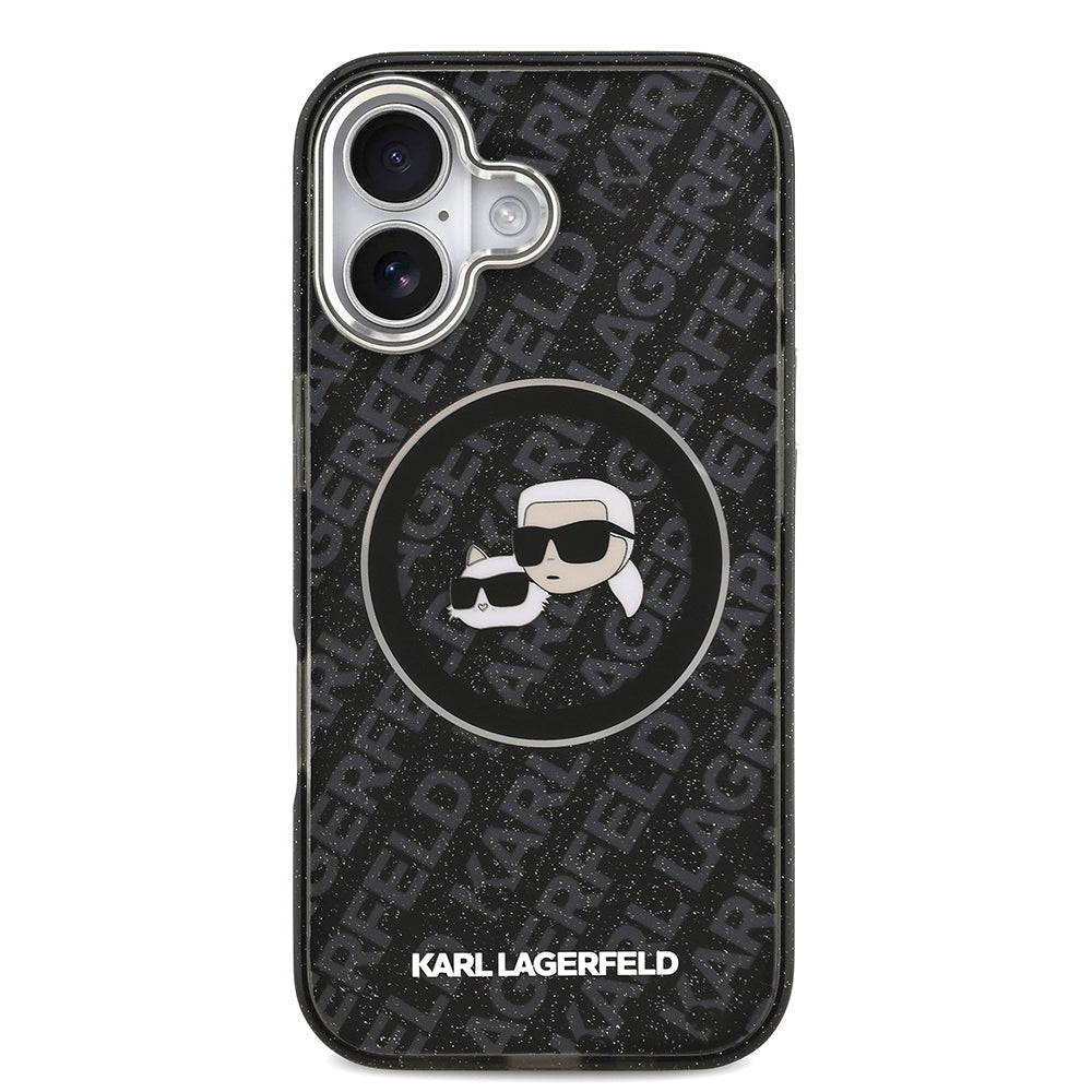 Apple iPhone 17 Kılıf Karl Lagerfeld Orjinal Lisanslı Parlayan Simli Karl & Choupette Heads Kapak Gri