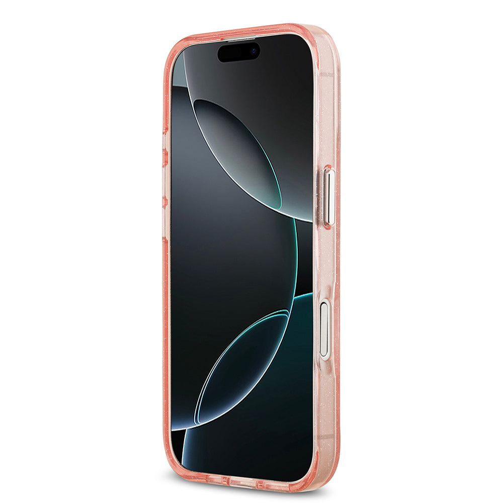 Apple iPhone 17 Kılıf Karl Lagerfeld Orjinal Lisanslı Parlayan Simli Karl & Choupette Heads Kapak Pembe