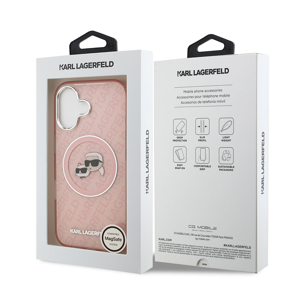 Apple iPhone 17 Kılıf Karl Lagerfeld Orjinal Lisanslı Parlayan Simli Karl & Choupette Heads Kapak Siyah