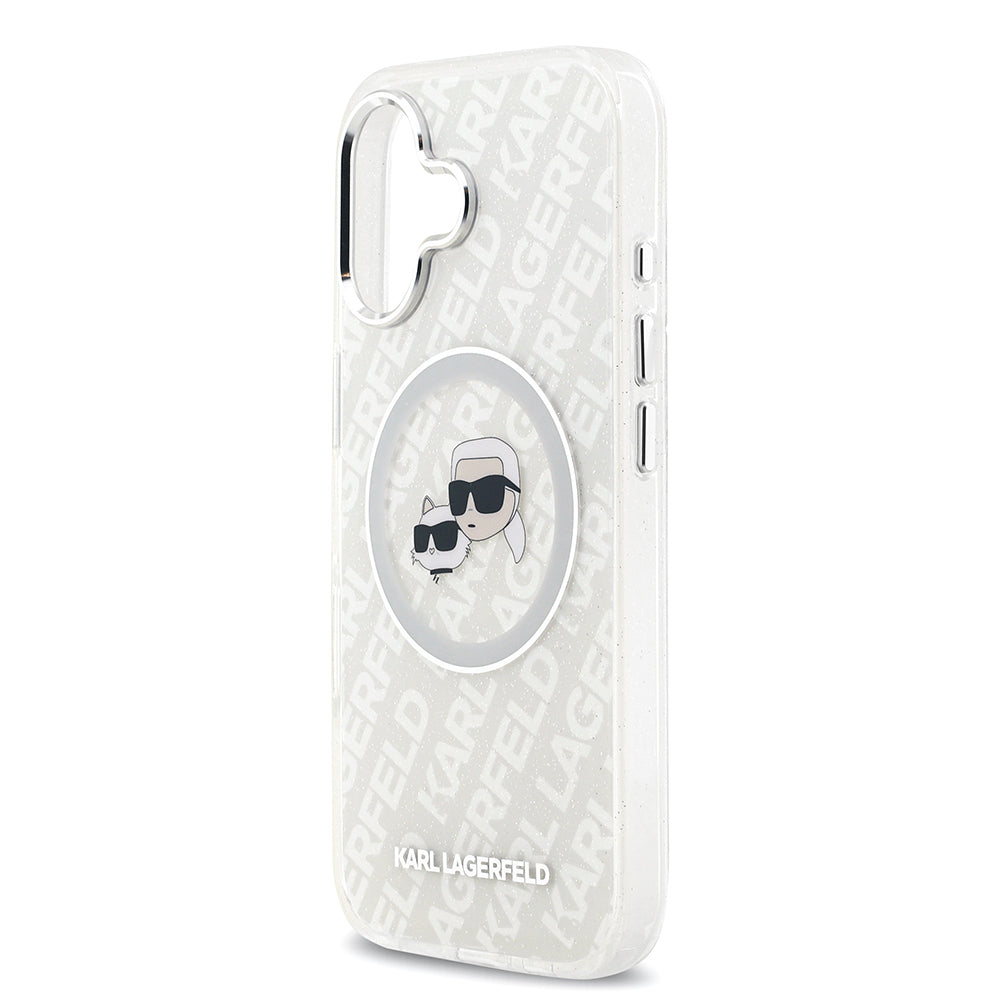 Apple iPhone 17 Kılıf Karl Lagerfeld Orjinal Lisanslı Parlayan Simli Karl & Choupette Heads Kapak Gri